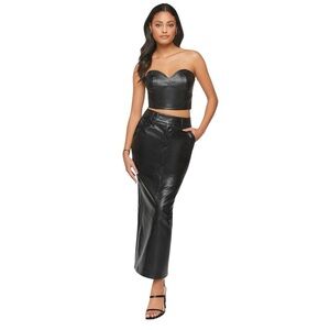 Forever 21 High Waisted Black Faux Leather High Backside Slit MIDI Pencil Skirt